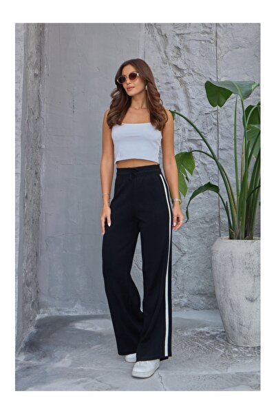 Elif Özbey Butik Siyah Şeritli Palazzo Triko Pantolon