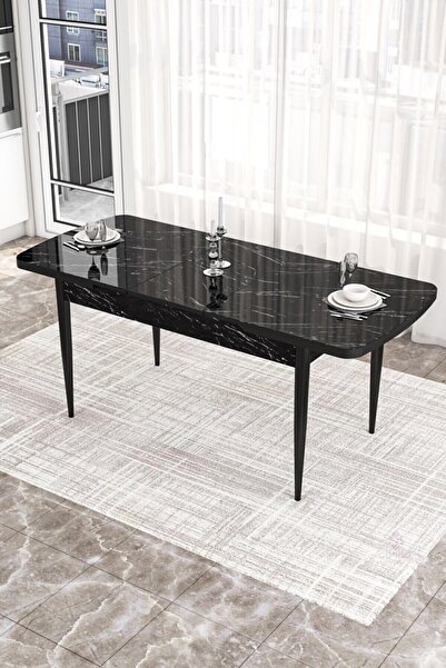 Canisa Concept Via Serisi 80x132 Açılabilir Mutfak Masası Takımı Siyah Mermer Desen Masa 4 Füme Sandalye