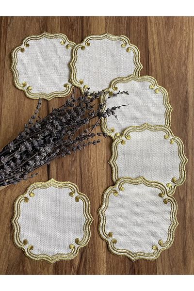 NURHAN HOME COLLECTION Πετσέτα παρουσίασης κοκτέιλ 6 τεμαχίων σε χρυσό χρώμα με κεντημένη πλευρά καφέ