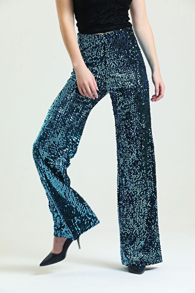 Sense Elastic Wide Leg Sequined Evening Trousers |   Pnt33970 Black-Turquoise