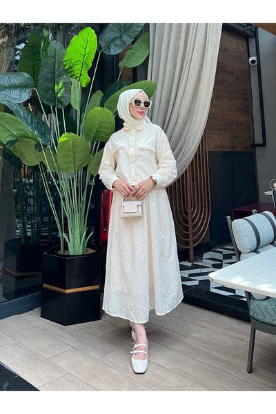 PİNK FLY Embroidery Lace Pearl Shirt and Skirt Long Hijab Women's Set - Cream
