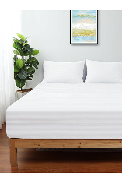 VESSİNOHOME Platinum Series Cotton Satin Fitted Sheet Set Striped Double White/Colored Hotel Type Padded