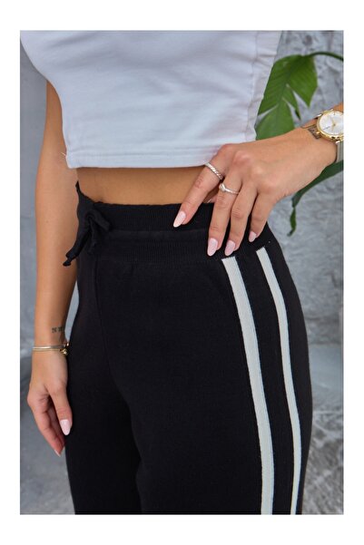 Elif Özbey Butik Siyah Şeritli Palazzo Triko Pantolon