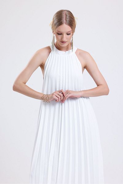Sense Lined Pleated Long Evening Chiffon Dress |   Elb35127 Ecru