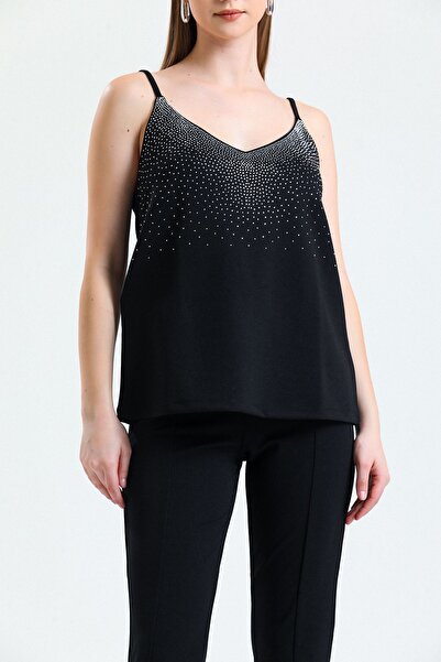 Sense Scuba Crepe Short Blouse with Stones on the Front |   Blz34466 Black