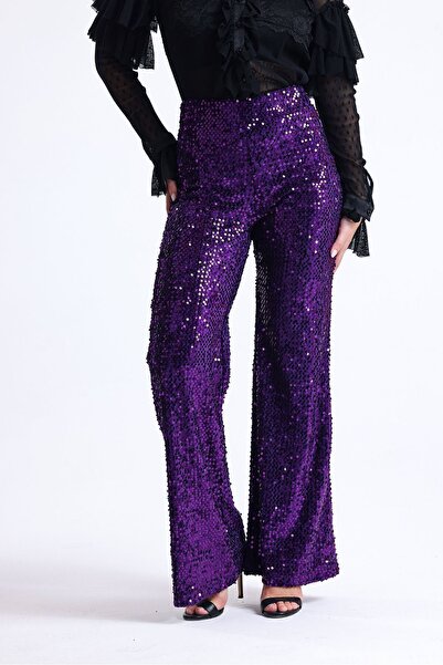 Sense Lastikli Geniş Paça Payetli Abiye Pantolon | Pnt33970 Mor
