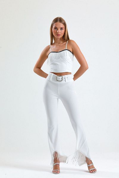 Sense Rochie de seară albă din crepon scuba - pantaloni cu curea și detaliu cu lanț de piatră |   Pnt34307