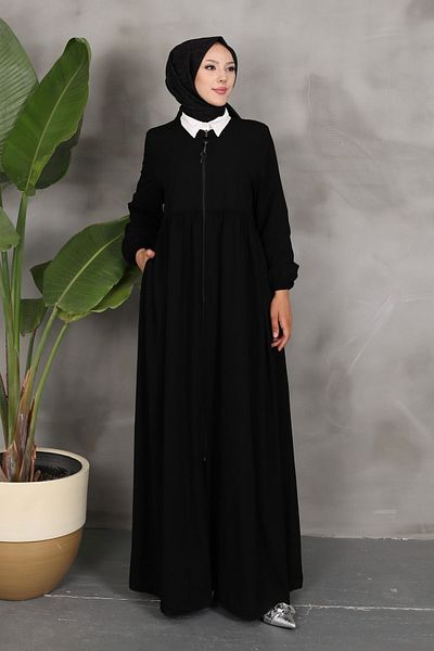 PİNK FLY Black Gathered Ferace - Rabia Crepe Fabric, Ρούχα Hijab σε μεγάλο μέγεθος