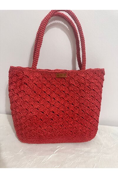 MERUT STYLE HAYATINI RENKLENDİR El örgüsü kağıt ip kırmızı astarlı çıtçıtlı günlük ve plaj kadın omuz çantası