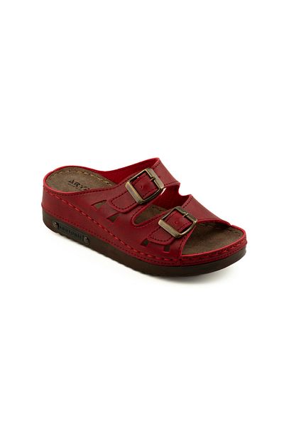 POLOMİA Orthopedic and Anatomical Black Beige Red Double Buckle Non-Slip Thick and Medium Sole Comfortable Home Slippers