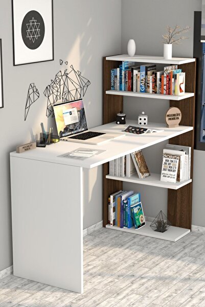 Moonlife Mobilya Çınar Kitaplıklı Çalışma Masası Beyaz Ceviz