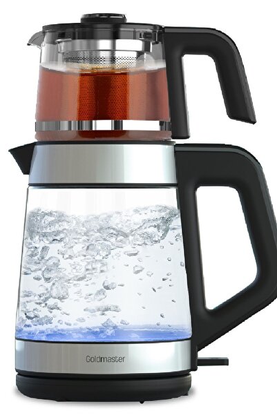 GOLDMASTER İnci Beyazı Geniş Hazneli Demlikli Alman Schott Cam Çay Makinesi Ve Led Işıklı Su Isıtıcı