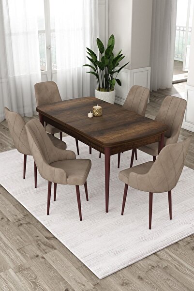 Canisa Ram Serisi 80x132 Açılabilir Mutfak Masası Takımı Barok Desen Masa 6 Cappucino Sandalye