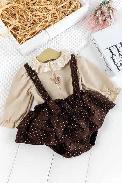 Babymod Puantiye Desenli Fiyonklu 2'li Kız Bebek Salopet Tulum Takım Bebek El...