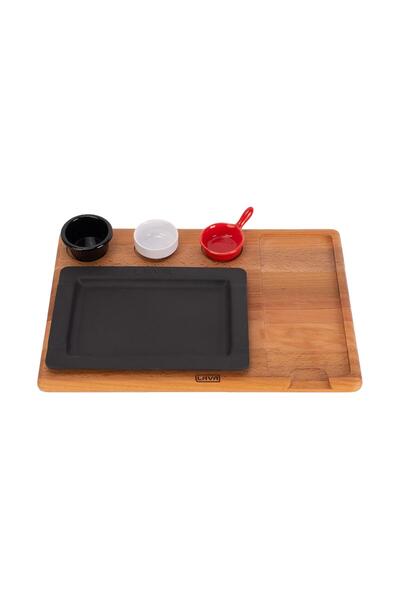 Lava Cast Rectangular Serving Plate and Wooden BaseBlack ColorSize 16x25cm(Sauce Containers for This Product