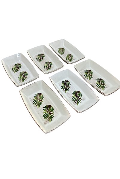 MTD SERAMİK 27 cm Deep Square Boat Plate - 6 Pieces Leaf Patterned Antique