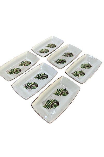 MTD SERAMİK 27 cm Deep Square Boat Plate - 6 Pieces Leaf Patterned Antique
