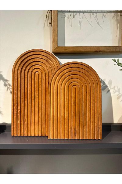 Buatölye Tasarım 2-Piece Wooden Carved Oval Rainbow Decorative Presentation Tray/Brown