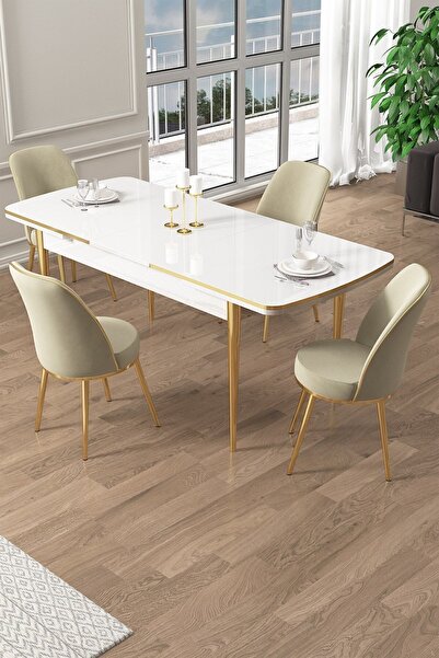 Canisa Pale Serisi 80x132 Açılabilir Beyaz Mutfak Masa Takımı 4 Krem Sandalye Gold Detay