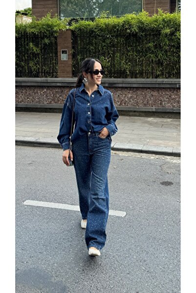 Estyle Fashion Blugi drepti albaștri cu detaliu în piatră