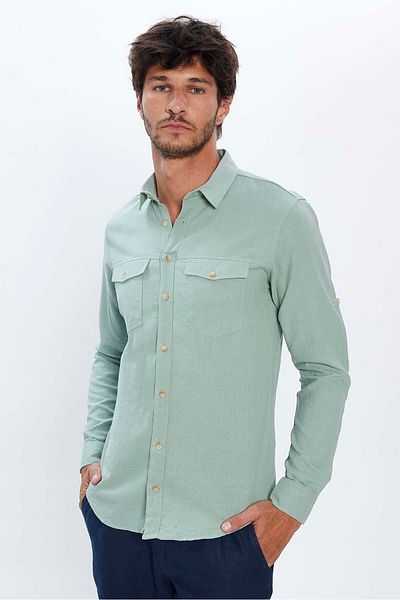 Tudors Πράσινο ανδρικό πουκάμισο - Slim Fit, μακρυμάνικο, 100% βαμβάκι, λινό υφή, διπλή τσέπη, αθλητικό πέτο
