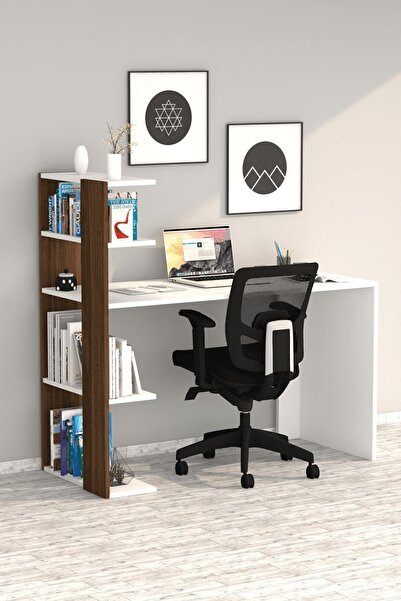 Moonlife Mobilya Çınar Kitaplıklı Çalışma Masası Beyaz Ceviz
