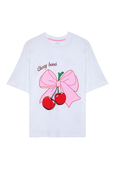 Quzu Ecru Colored Cherry Printed T-Shirt