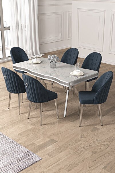 Canisa Pem Serisi 90x160 Lak Panel Beyaz Mermer Desen Krom Ayak Masa Takımı 6 Antrasit Sandalye