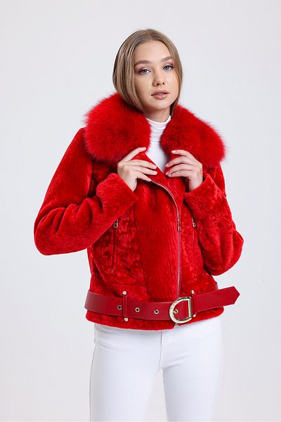 By Marki Marki Red Women's Leather Jacket - Special Fur Collar, Astrakhan, Furry, Belt - 111822