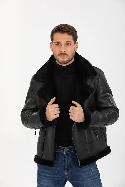 By Marki Marki Men's Genuine Leather Jacket, Fur Collar Jacket, Black Fur Inside -500722
