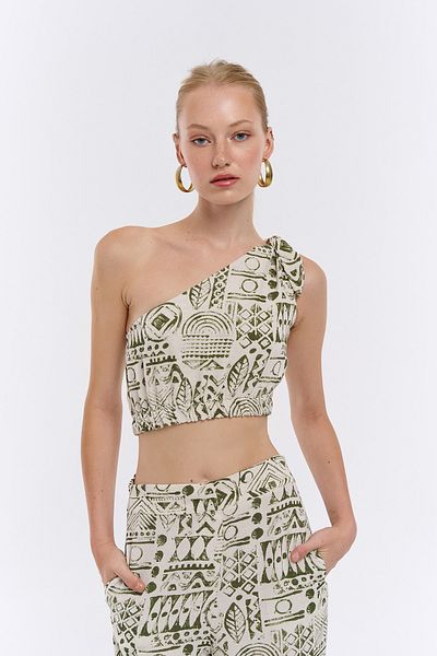 Quzu Single Shoulder Natural Patterned Linen Crop Blouse