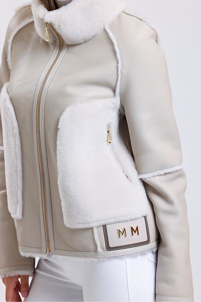 By Marki Marki Beige Leather Jacket - Stand Collar, White Fur, mm Logo - Stylish Jacket 111622
