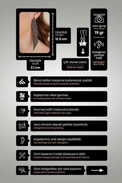 Furtek Aksesuar Women's Black Ladder Model Dangling Fringed Stone Daily Crystal Earring Model Evening Dress Wedding Henna Promise