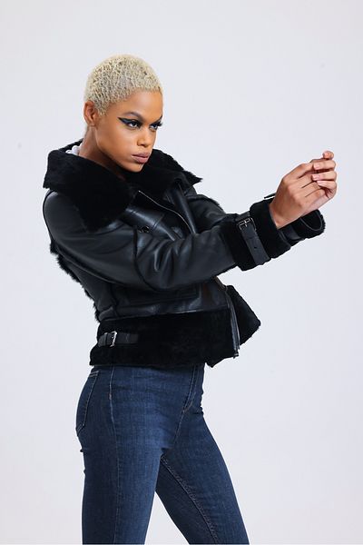 By Marki Marki Turtleneck Black Leather Crop Jacket - Fur Detail and Fur Inside 112222