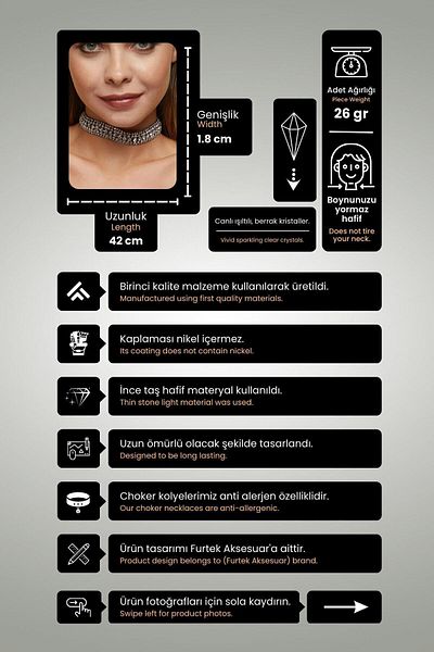 Furtek Aksesuar Women's Black 5 Row Model Zircon Stone Silver Diamond Necklace Wedding Bridal Engagement Collar Evening Dress Choker