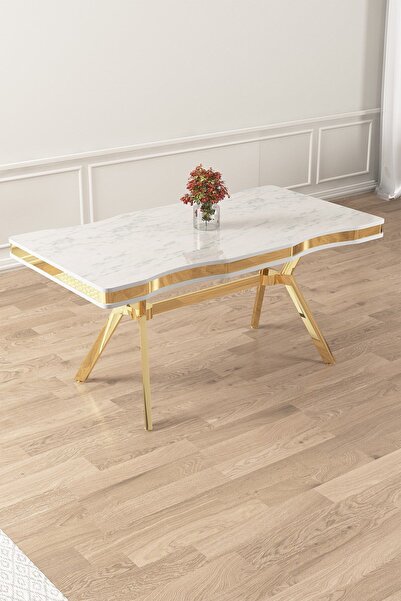 Canisa Vae Serisi 90x160 Lak Panel Beyaz Mermer Desen Gold Ayak Masa Takımı 6 Krem Sandalye