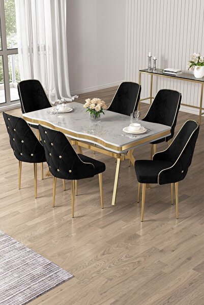 Canisa Vae Serisi 90x160 Lak Panel Beyaz Mermer Desen Gold Ayak Masa Takımı 6...