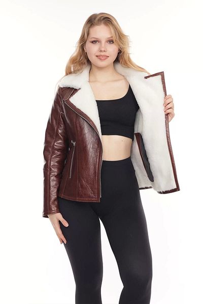By Marki Marki Brown Genuine Leather Coat, Fur Lined Jacket, White Furry Coat with Zipper Detail on the Sleeve -103222