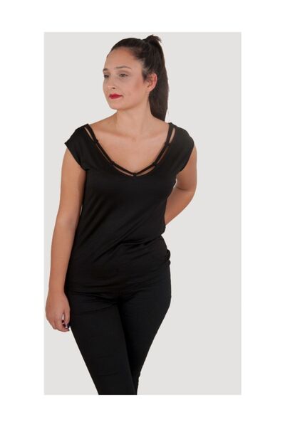 SİSTERS2HC Черна тениска с V-образно деколте от мерсеризиран материал