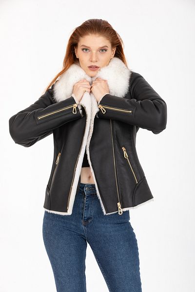 By Marki Marki Black Genuine Leather Jacket, Double Breasted Women's Leather Jacket, Fur Collar Jacket, White Fur Inside -113522