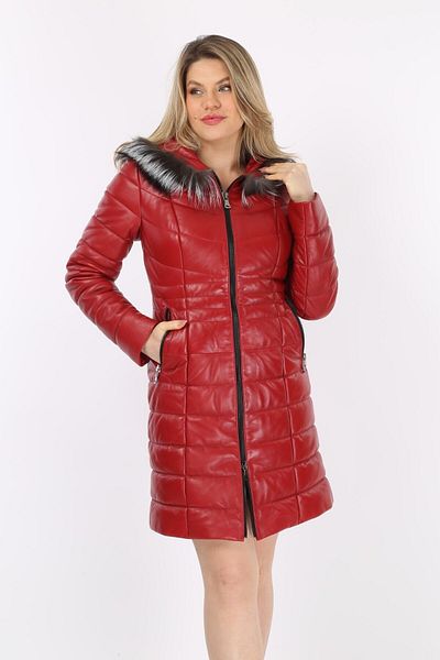 By Marki Marki Red Fur Hooded Leather Coat, Long Inflatable Genuine Leather Coat, Women's Fur Hood-104922