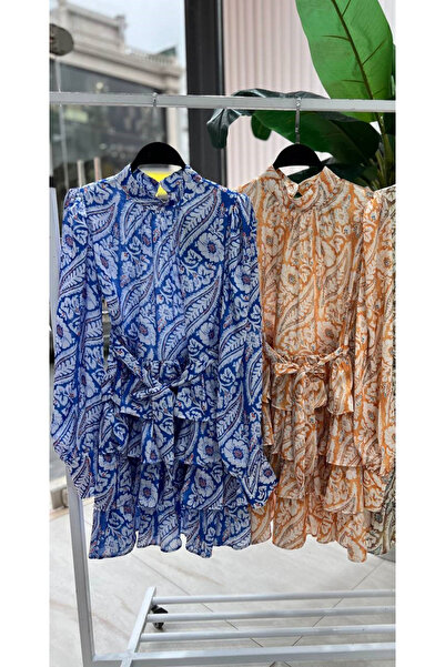 FASHION COCKTAIL Padded Shoulder Folded Skirt Imported Soft Authentic Pattern Chiffon Fabric Long Sleeve Spring Mini Dress