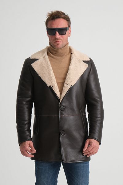 By Marki Marki Genuine Leather Men's Coat - Curly Fur Detail, 90 Cm, Button Closure, Winter Coat - 500822