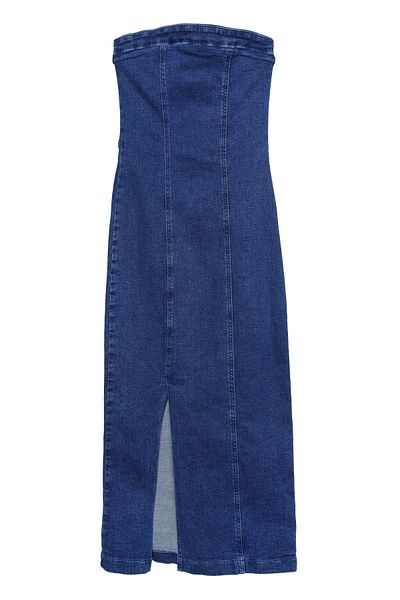 Quzu Rochie albastră din denim midi fără bretele - Detaliu cu fantă în față