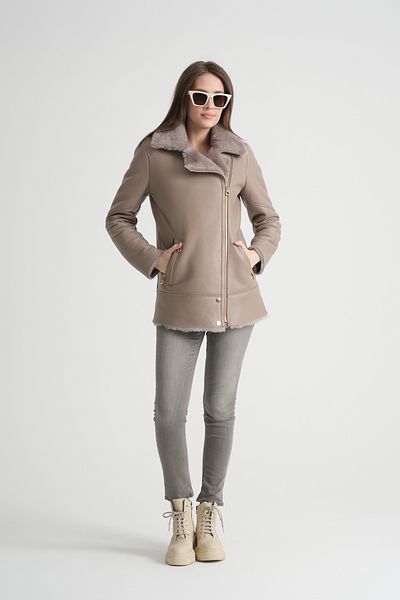 By Marki Marki Beige Genuine Leather Coat - Soft Fur Collar and Fur Inside, 73 Cm, Modern Fit Cut - 114322