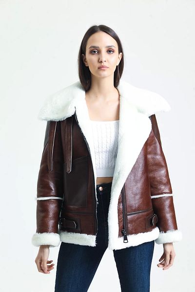 By Marki Marki Brown Vintage Women's Leather Coat - White Fur, Turtleneck, Oversize - 105222