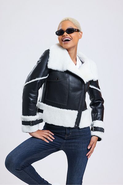 By Marki Marki Stylish Turtleneck Black Leather Crop Jacket - White Fur, Fur Inside - 112222