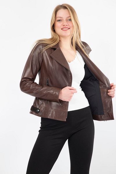 By Marki Marki Brown Genuine Leather Women's Coat - Double Breasted Collar, Zippered, Classic Design, 57 cm - 10030905