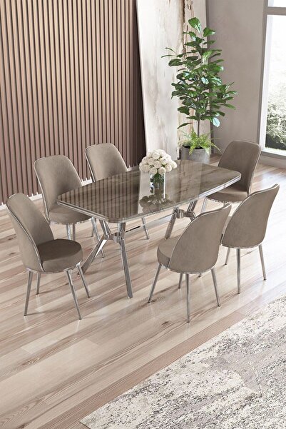 Canisa Lena Serisi 90x160 Lak Panel Antrasit İroni Krom Kaplama Ayaklı Masa Takımı ve 6 Cappucino Sandalye