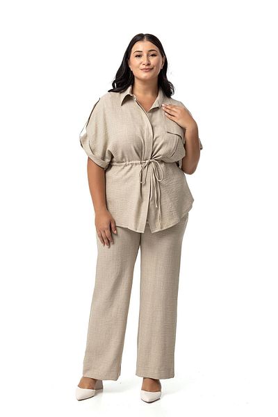 DISENTIS MODEST Beige Colored Plus Size Shirt and Trousers Set - Half Sleeve